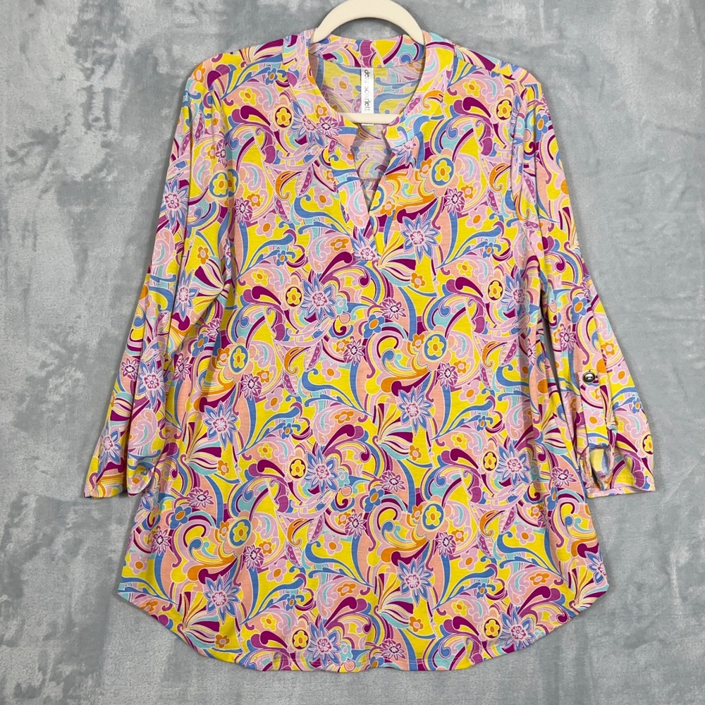 Dear Scarlett Womens Blouse L Yellow Floral Liz 3/4 Roll Tab Sleeve Boho Retro